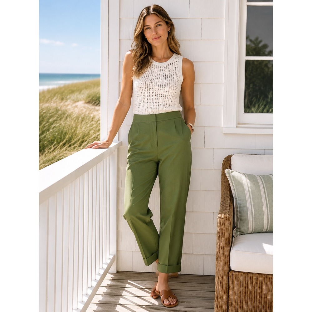 NWT J.Crew Kate Straight Leg Pants Women 4 Green Cotton Stretch Cuffed‎ Ankle